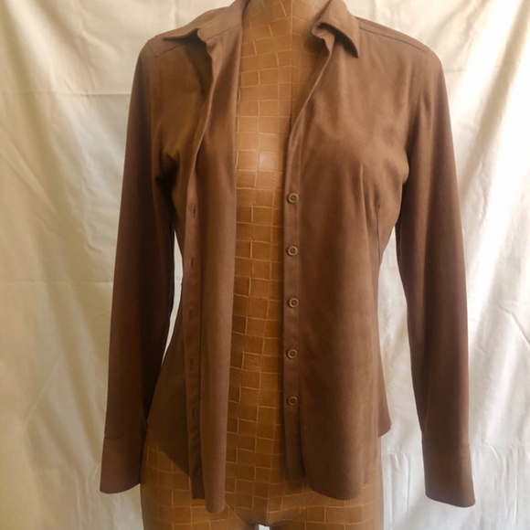NWOT Ultra Suede Brown Button Down Blouse, Shirt by Max Studio - Picture 4 of 12